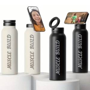 MUSCLE BUILD Stainless Steel Bottle w/ Magnetic Phone Holder
